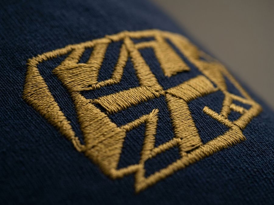Close de bordado dourado em relevo sobre tecido azul-marinho