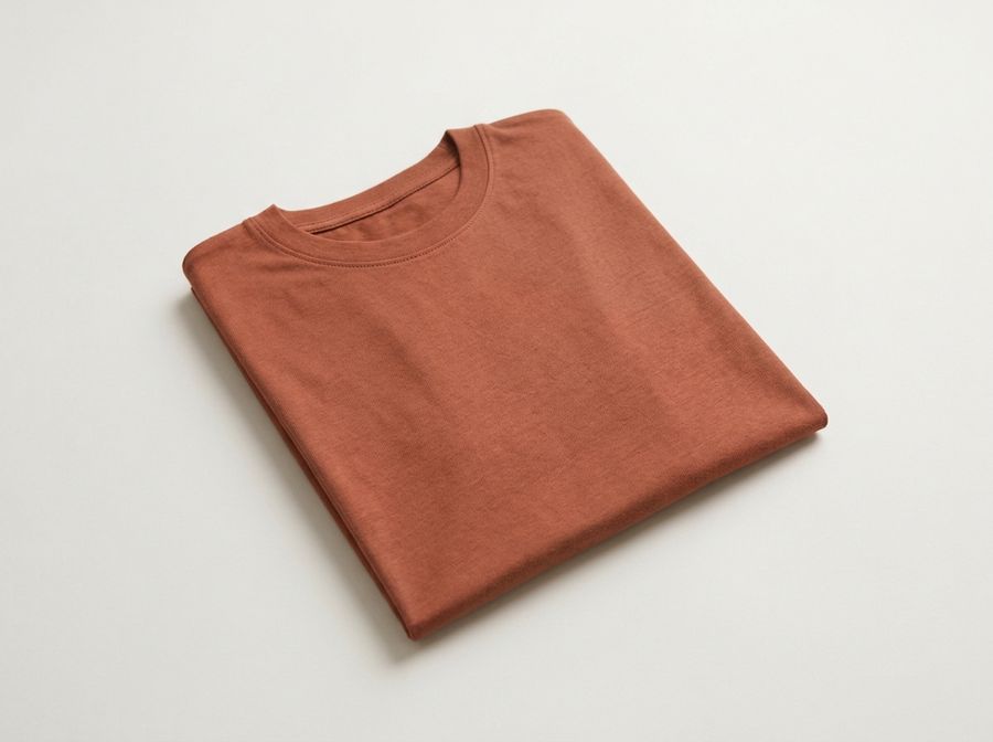 Camiseta terracota dobrada com precisão sobre superfície clara