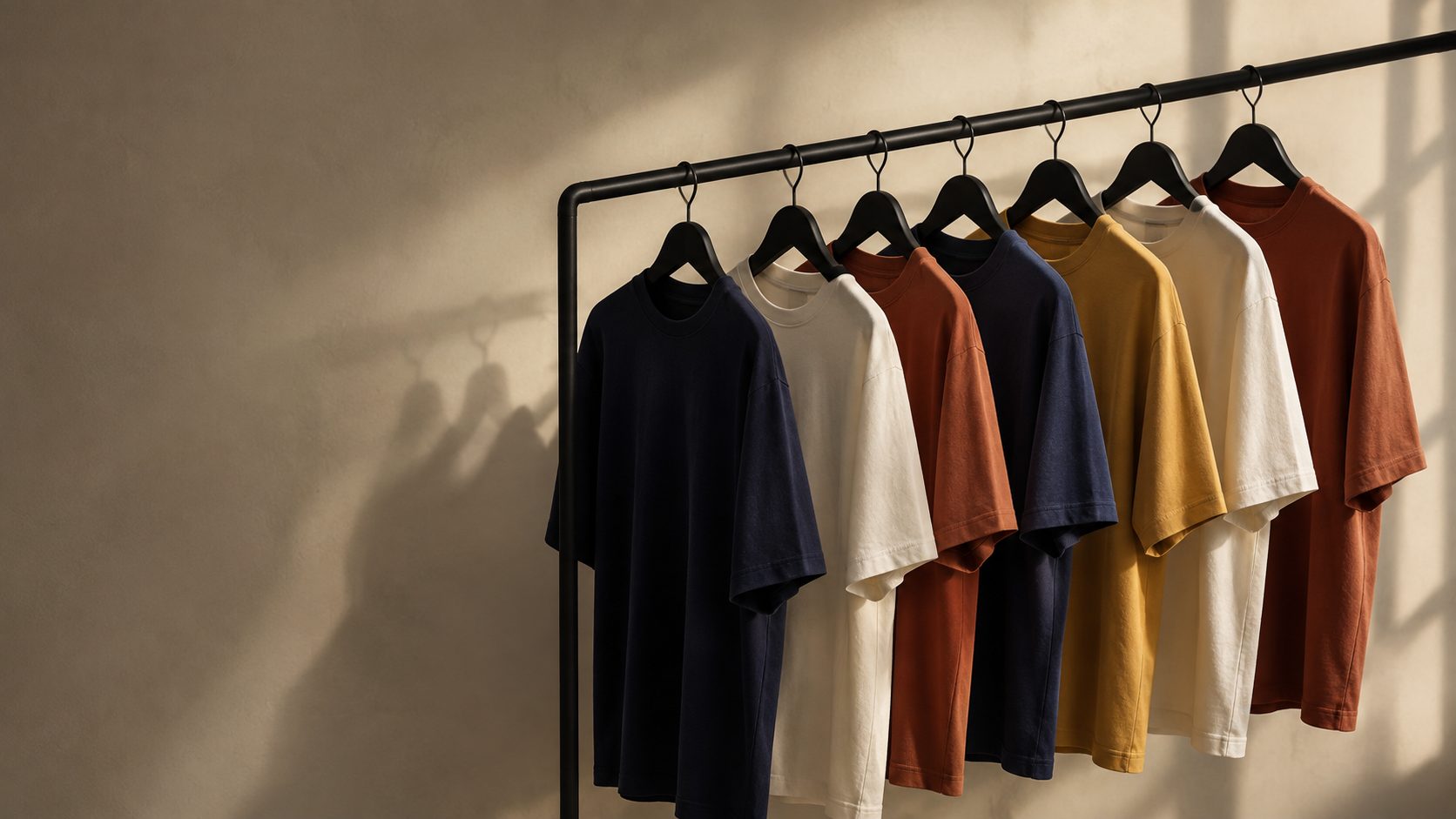 Arara com camisetas lisas em azul-marinho, off-white, terracota e dourado, iluminadas por luz de janela