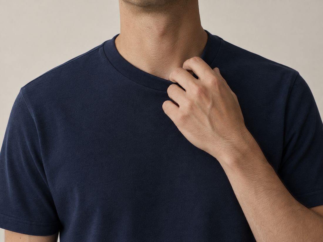 Mão ajustando a gola de uma camiseta azul-marinho