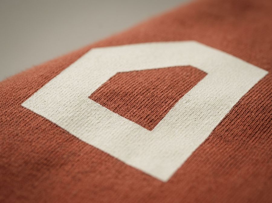 Close de serigrafia off-white sobre tecido terracota