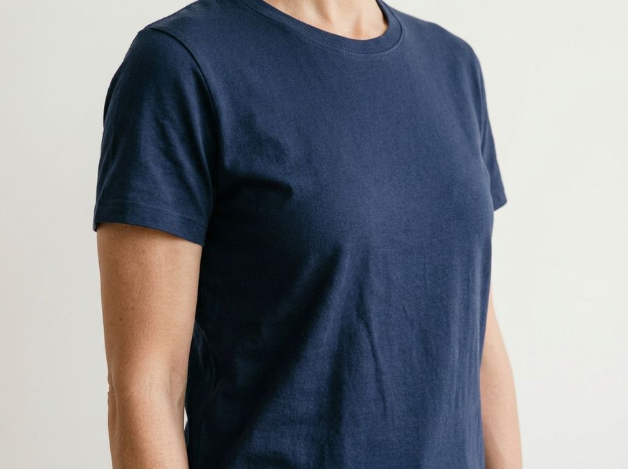 Camiseta azul-marinho de corte ajustado vestida, enquadrada do ombro à cintura